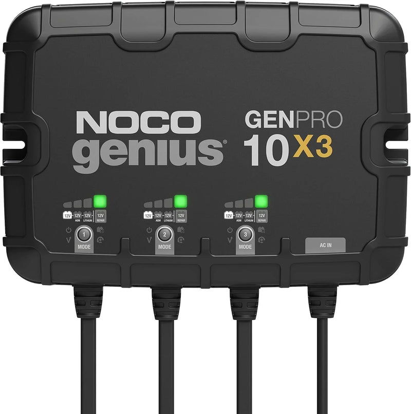 Three sets of batteries, 30-ampere built-in battery charger - Each set consists of 10-ampere, 12-volt waterproof marine charger, featuring overcharge protection and temperature compensation functions - Suitable for lead-acid batteries and lithium bat V8