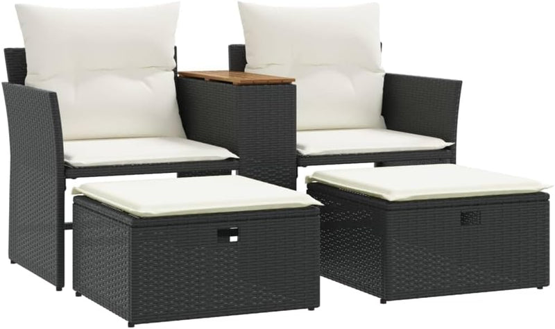 Multi-functional balcony sofa (for two people, with sunshade) - Black polyester wicker double-seat sofa, with built-in table, stool and washable cushion D2