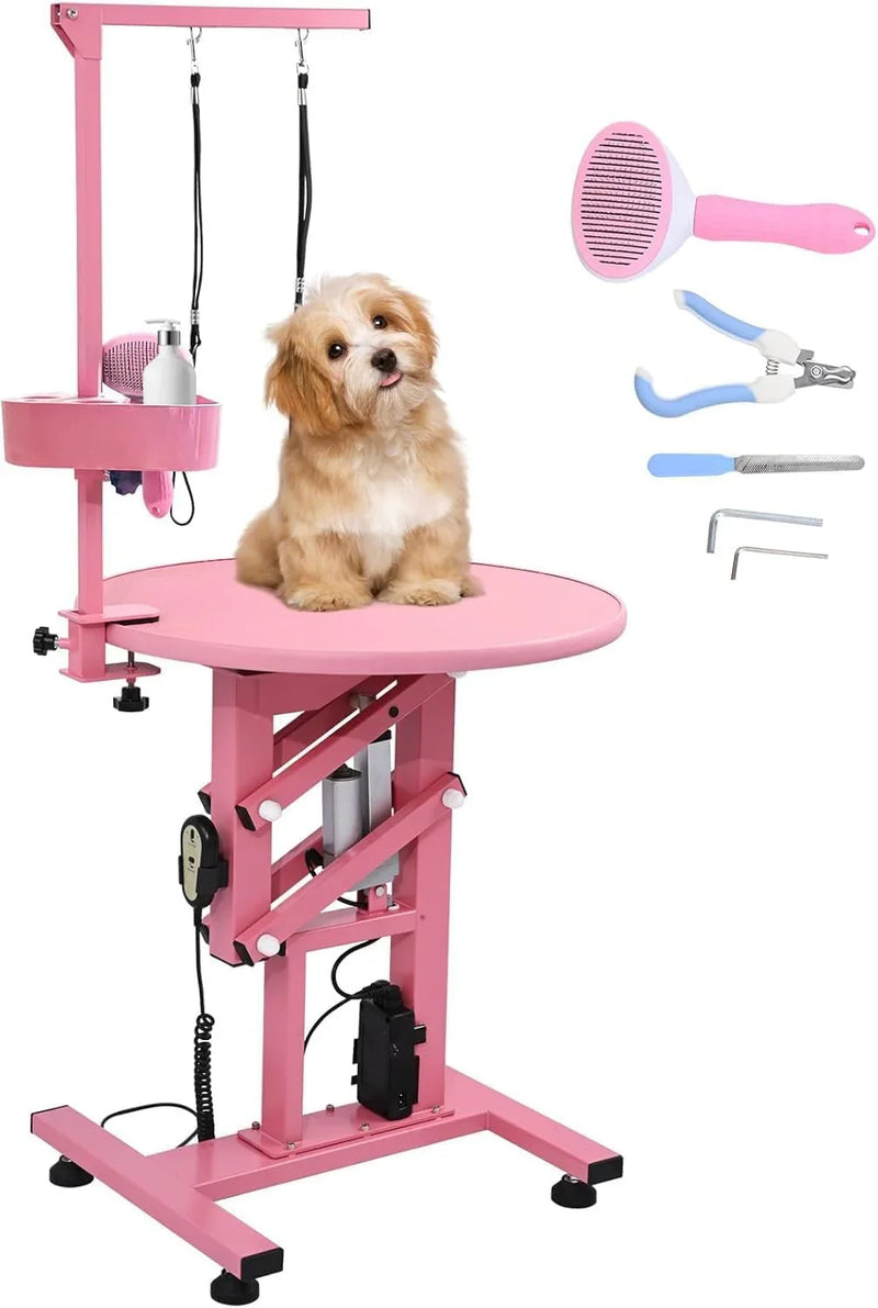 Electric Hydraulic Lift Pet Dog Grooming Table, 24Inch 360° Rotating Grooming Desktop for Small Dogs, with Overhead Arm, Wireless Remote, Tool Organizer, Black A6