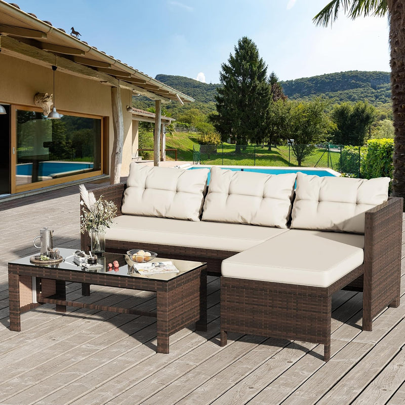 Outdoor Patio Furniture Sets, Wicker Patio sectional Sets 3-Piece, All Weather Wicker Rattan Patio Seating Sofas with Glass Coffee Table and Cushion (Beige) W7