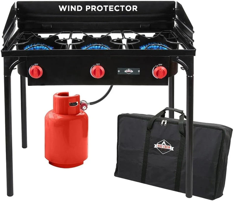 Dual-burner outdoor gas stove | 150,000 British thermal units portable propane stove, with blue flame control, detachable legs, temperature control knob, windproof panel, hose, regulator and storage box O0