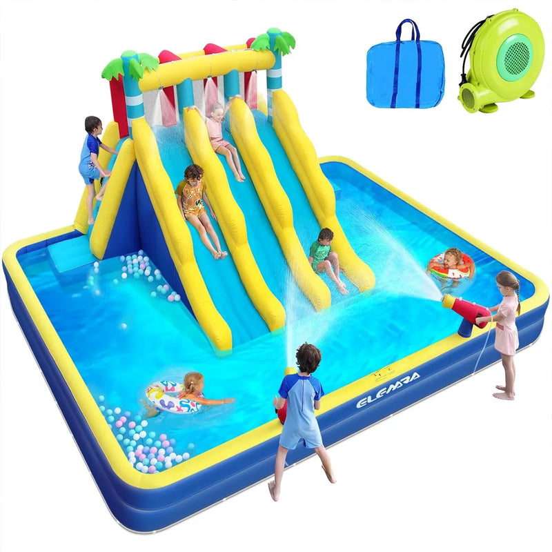 20.66x16.4FT Inflatable Water Slide for Big Kids, Water Park for Kids Backyard with Large Double-Layer Pool,3 Extra-Long Slides,Climbing Wall, 2 Water Cannons, Water Spraying, 750W Air Blower N5