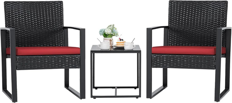 3 Pieces Patio Set Outdoor Wicker Furniture Sets Modern Rattan Chair Conversation Sets with Coffee Table for Yard and Bistro (Black) K5