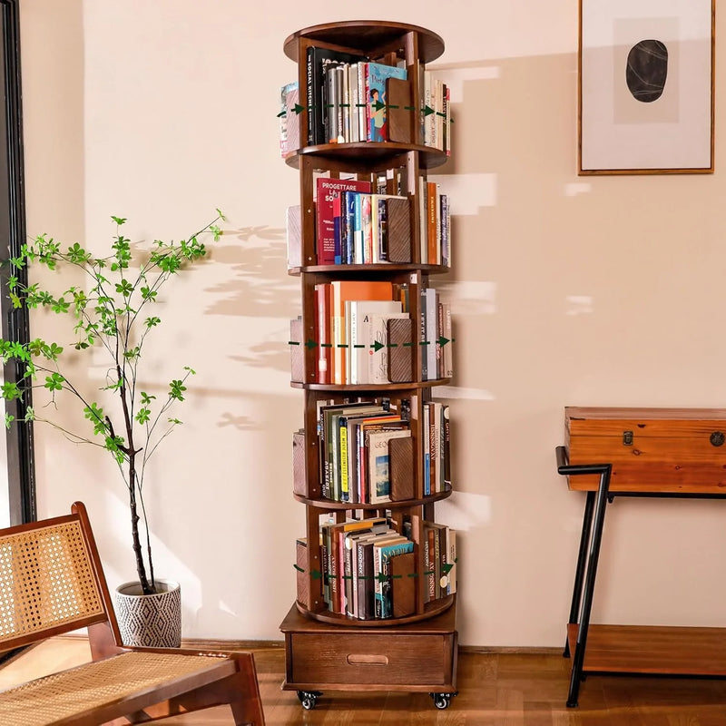 Solid wood rotating bookshelf, 360° display cabinet, with 1 drawer, rotating bookshelf tower with wheels, 72-inch high bookcase suitable for small spaces, rotating bookshelf for home office, walnut finish H1
