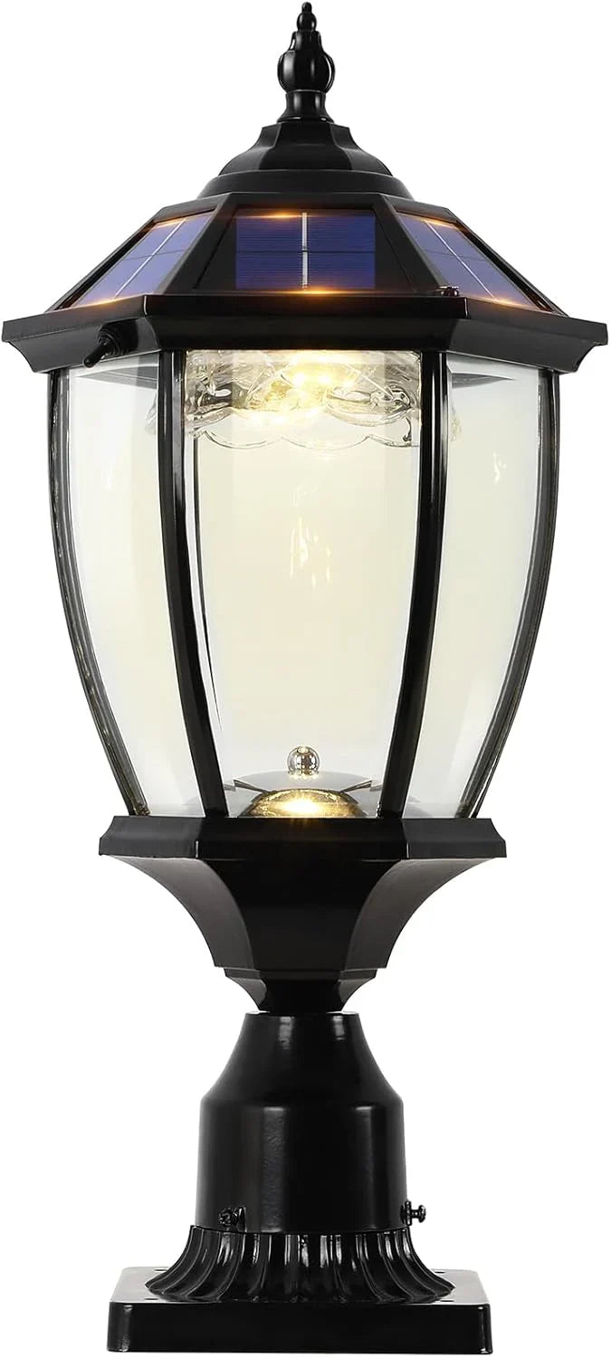 2-Heads Outdoor Solar Lamp Post Lights with Dusk to Dawn Sensor, Classic Exterior Solar Pole Lights with Waterproof, Black Street Lights with Clear Glass for Garden, Patio, Pathway, Driveway Y6