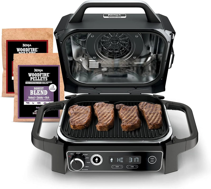 The wood-fire professional outdoor grill is equipped with an internal thermometer. It is a 7-in-one multi-functional grill, a barbecue smoker, an outdoor air fryer, featuring baking, roasting, dehydrating and grilling functions. It adopts the wood-fi S0