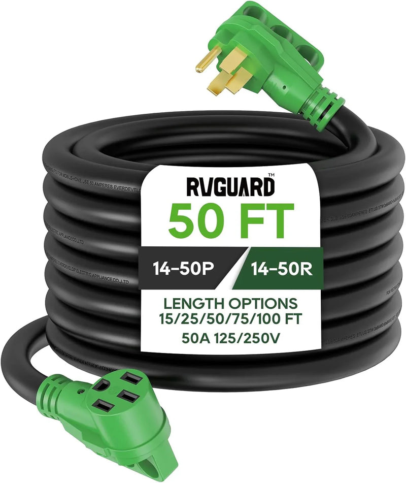 50 Amp 50 Foot RV/EV Extension Cord, NEMA 14-50P/R Heavy Duty Extension Cord with LED Power Indicator and Cord Organizer, Green, ETL Listed O4