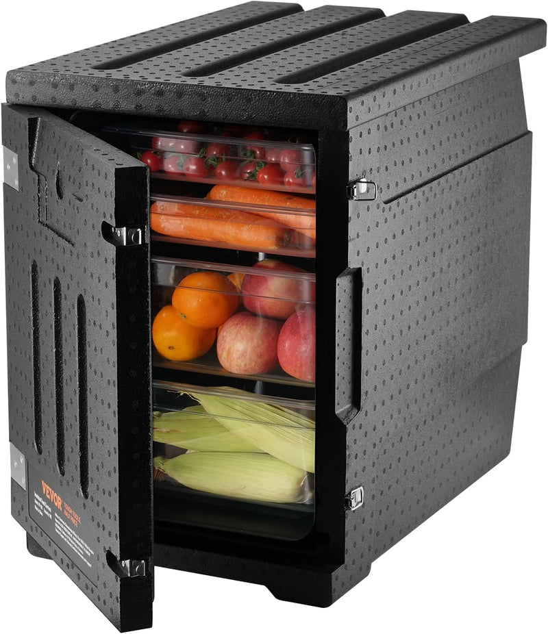 Food tray transportation box, 95-gallon insulated box for the catering industry, LLDPE food tray box with double clasps, front-mounted food heater with handle, suitable for stacking end loaders in restaurants, canteens, etc. black V1