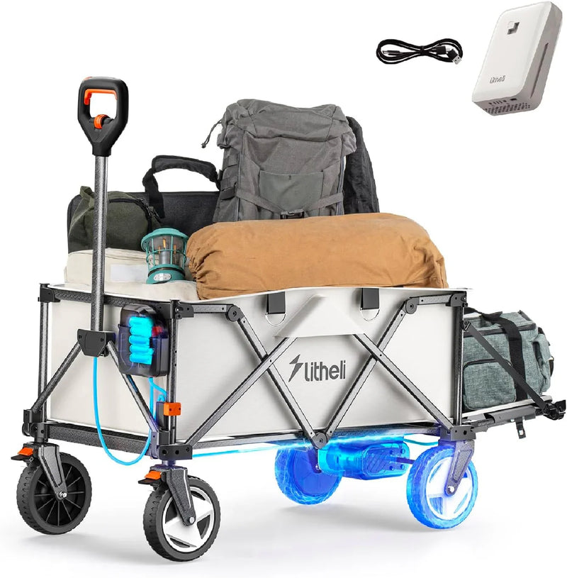 Utility truck, with a capacity of 200 liters and a load capacity of 300 pounds, featuring a foldable heavy-duty design, equipped with all-terrain wheels, featuring variable speed drive and battery power functions, suitable for camping, beaches, garde E3