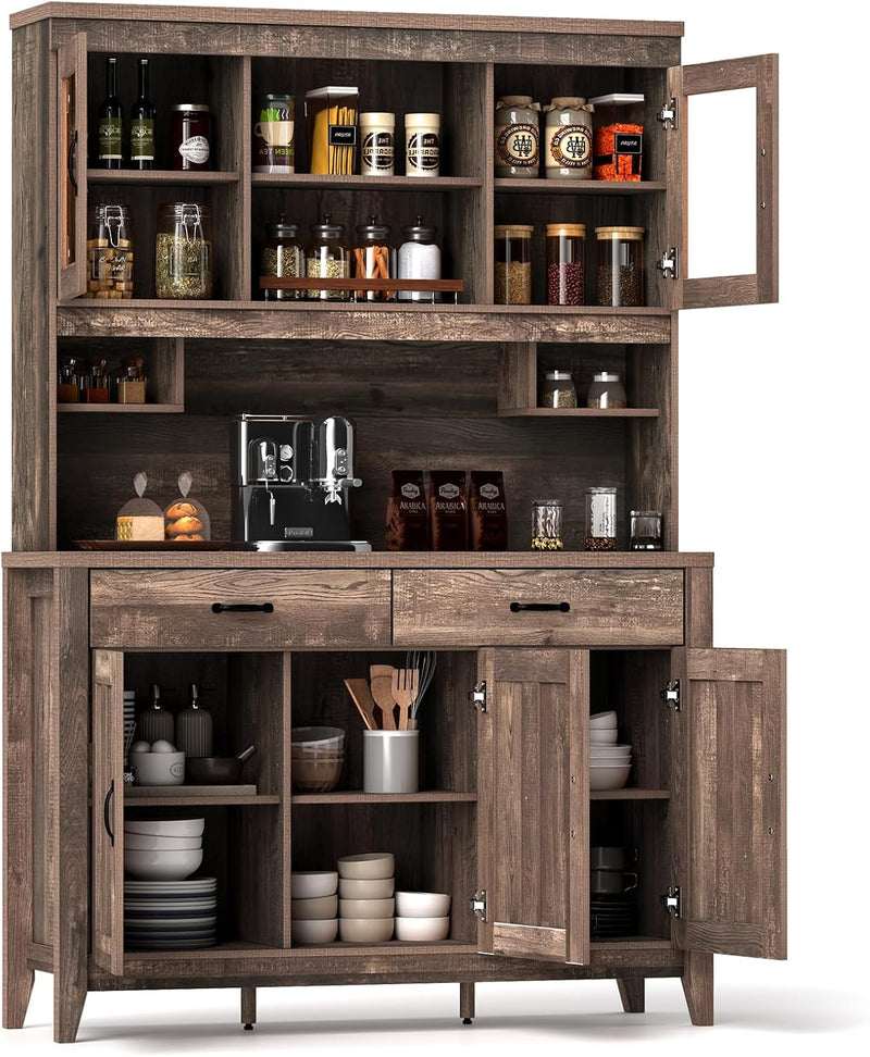 78.5-inch high kitchen cabinet storage unit, large storage cabinet with glass doors, equipped with drawers and adjustable shelves. The wooden kitchen storage unit has a microwave shelf, suitable for a home coffee bar. A9