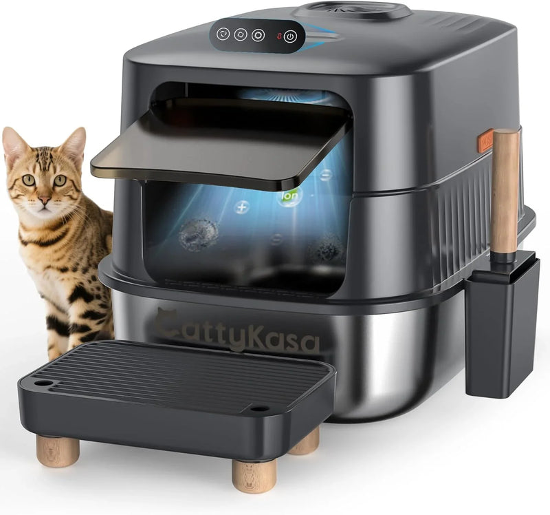 Stainless steel litter box, three-in-one enclosed high-sided litter box, equipped with a high lid, suitable for cats, anti-stick, anti-leak, easy to clean, with a scoop and filter step. M3