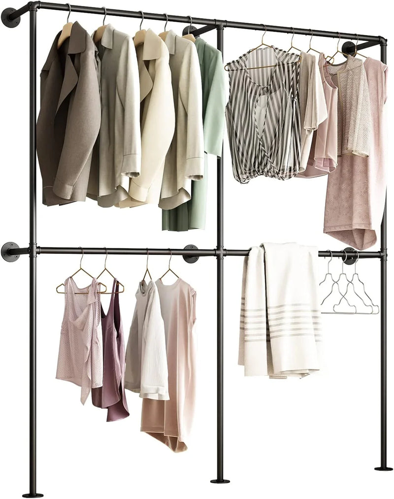 Industrial-style wall-mounted pipe clothes hanger, wall-mounted clothes hanger with double hanging rods, for closet storage (gold) L3