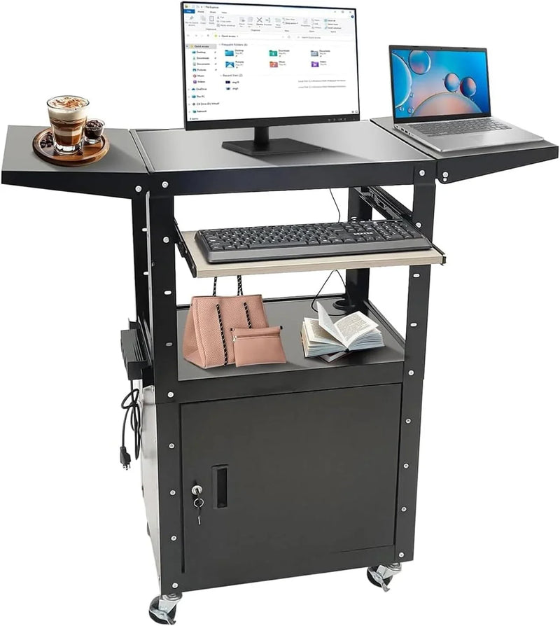 Upgraded AV Cart, Adjustable-Height Steel AV Cart with Locking Cabinet and Pullout Keyboard Tray, Rolling Media Cart with Wheels & Power for Computer Laptop Projector Printer (Black/43"x18"x43") H4