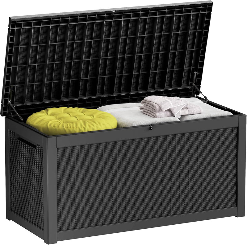 260-gallon large outdoor storage XL outdoor box, suitable for garden furniture, outdoor cushions, garden tools, sports equipment and pool supplies. Made of waterproof resin material, lockable, in gray color scheme. M7
