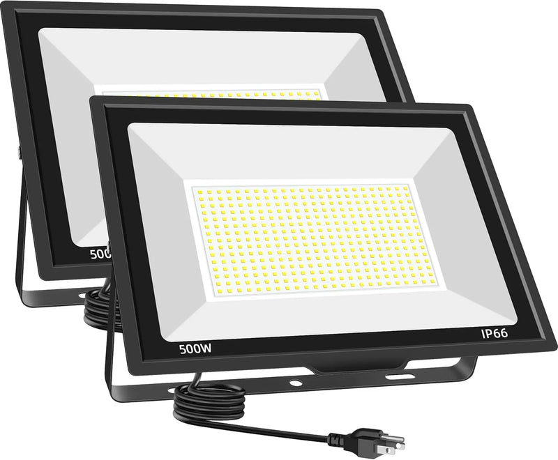 500W LED Flood Light Outdoor 2 Pack, 2000W Equivalent FloodLight with Plug, Super Bright 55000LM 5000K Daylight White IP66 Waterproof Commercial Lighting for Sports Fields,Courts,Arena,Stadium Z5