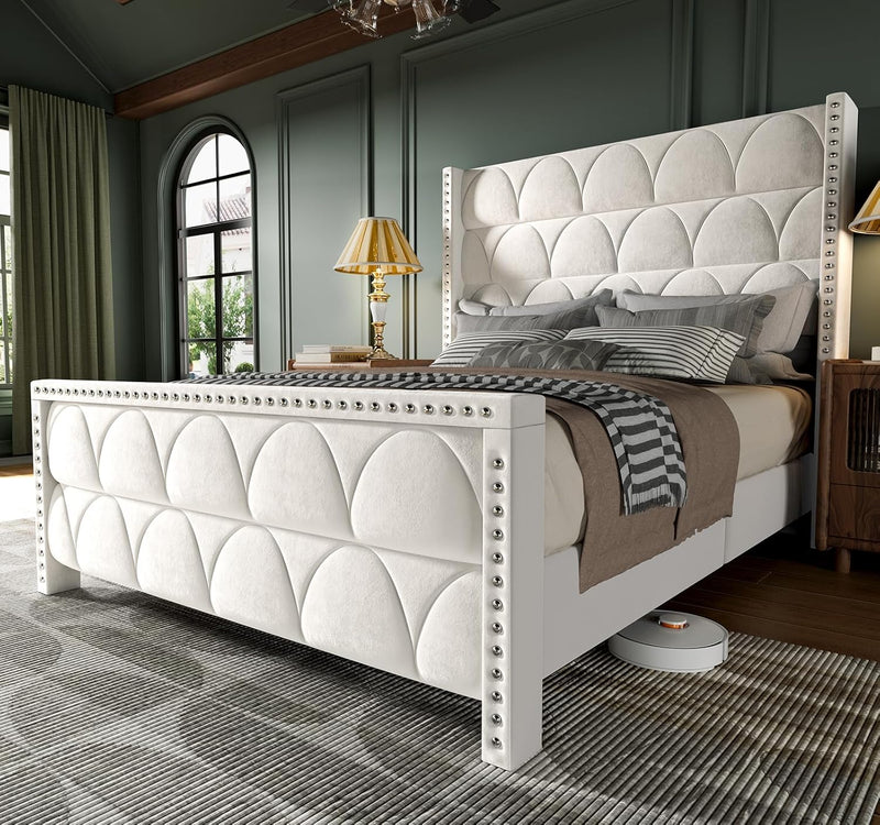 King Size Bed Frame with 56" Headboard - 1000LBS Capacity Support, Velvet Upholstered Wingback Platform Bed Frame, Noise Free, Sturdy Wooden Slat Support K8