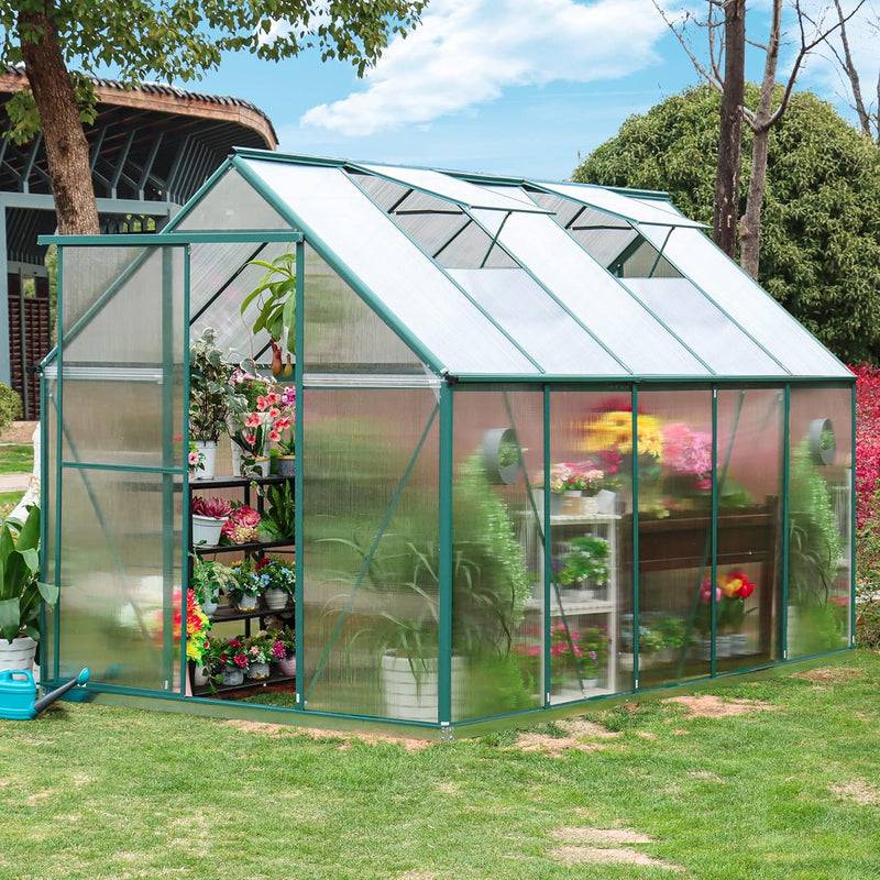 6'x10' Walk-in Greenhouse with 4mm 800G Polycarbonate Panels - Heavy-Duty Aluminum Frame, Wind/Snow Resistant for Gardening, Includes Sliding Door & Ventilation Windows (Green) S4