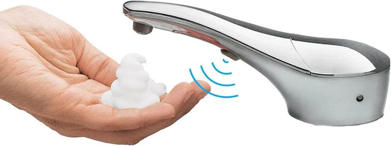 Automatic liquid soap dispenser, with a top-mounted contactless soap nozzle, capacity 34 ounces (1.0 liters), can be placed on the countertop of a public restroom, installation diameter 1-3/8 inches, chrome surface treatment. R1