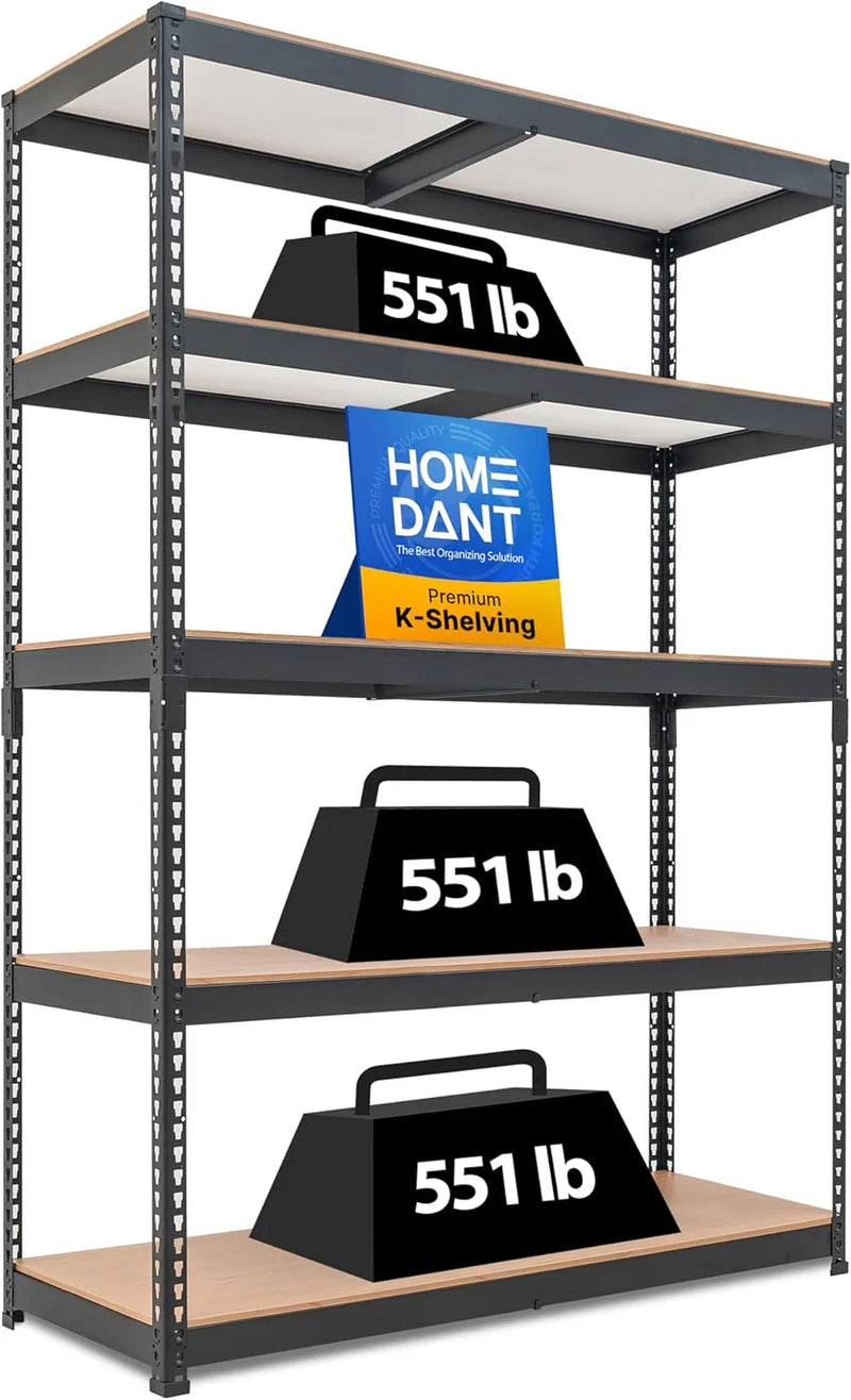 5 Layered laminated boltless heavy-duty vehicle storage adjustable wide-size metal shelf unit utility rack shelving storage multi-functional shelf shed storage area 47.7 inches wide x 18.2 inches deep x 71.3 inches high Black E7