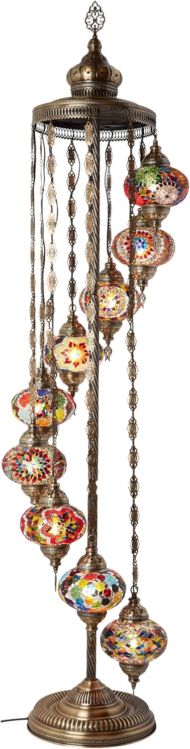 Turkish Moroccan mosaic floor lamp, with 9 lampshades and 6 feet in height - a Tafini-style standing decorative Bohemian-style lamp, equipped with colored lampshades, suitable for bedrooms, living rooms, and entrances - handmade in Turkey, available D5