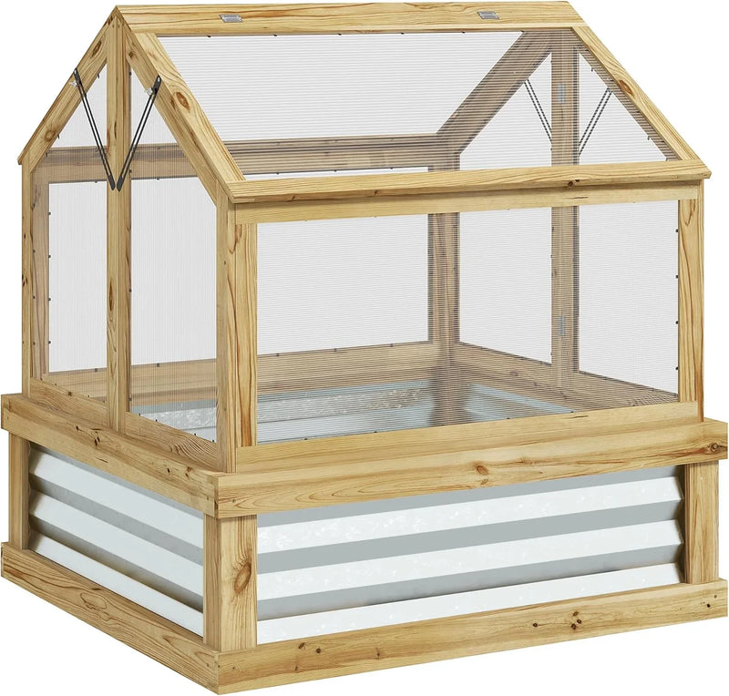 Raised Garden Bed with Polycarbonate Greenhouse, Wooden Cold Frame Greenhouse, Garden Flower Planter Protection, Peak Roof, 35.5" x 31.5" x 36", Natural U0