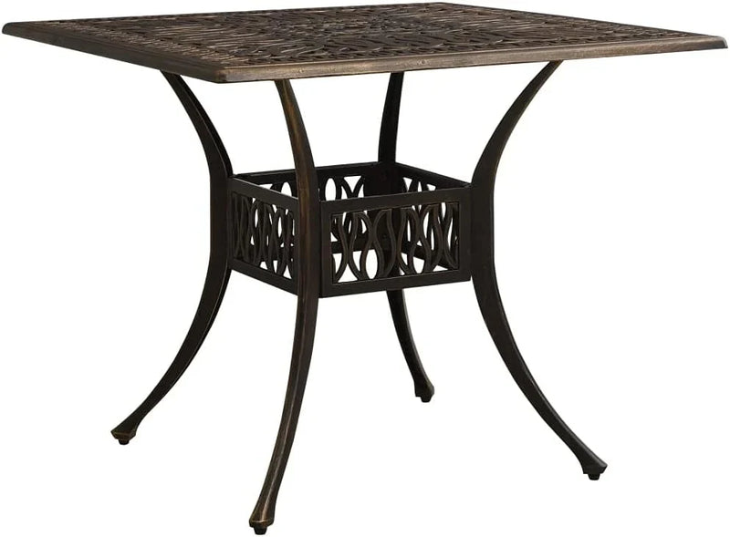 Bronze terrace table, made of cast aluminum, suitable for outdoor use, square design, stable and durable, with dimensions of 35.4 inches × 35.4 inches × 28.7 inches, equipped with umbrella holes, requires assembly. Y5