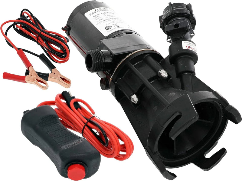 18555-000A - 12V DC waste pump, suitable for camper vans / motorhomes - Can empty a 40-gallon water tank in 5 minutes - Output flow rate 9 gallons per minute - 3/4 inch garden hose interface - Stainless steel grinder, self-priming, remote switch B7