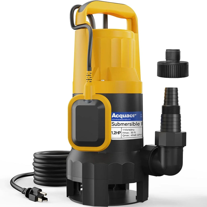 3/4HP Submersible Sewage Effluent Pump, Cast Iron, 115V 6400 GPH Automatic Tethered Float Switch, Sump Pump for Sump Basin, Basement, Residential Sewage, 2'' NPT Discharge S5