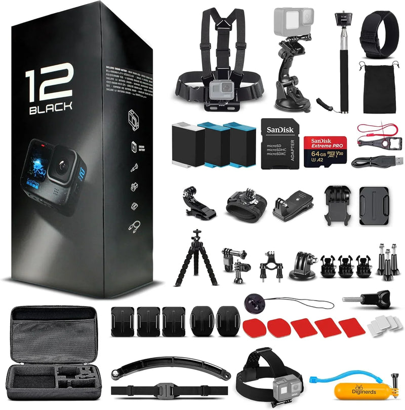 Equipped with a 50-piece accessory kit, 2 spare batteries and a 64GB memory card - a waterproof action camera - 5.3K HDR, 27 million pixels of photos, 1/1.9-inch sensor, live streaming function, webcam, and shake-proof function H0