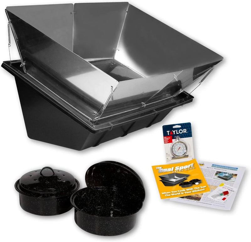 Dual Sport Solar Oven, Black, Portable Outdoor Cooking System with Reflectors, 27x17x12 Inch, 6.8 Qt Capacity, Includes 2 Pots, Thermometer, Wapi, Cookbook, and Instruction Manual G3