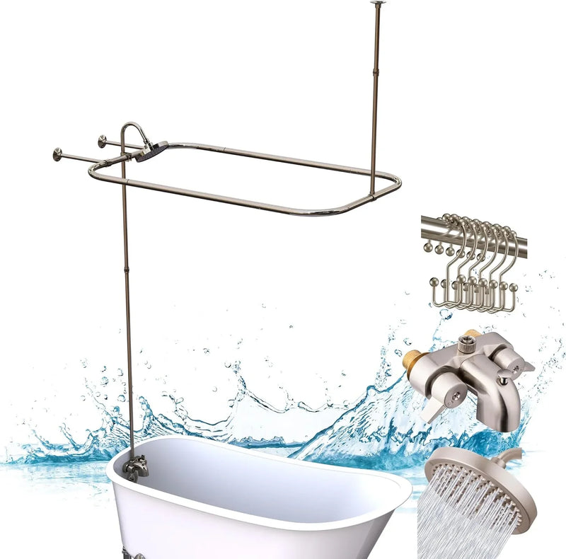 Clawfoot Tub Shower Kit, Add On Shower Units With Bathcock Diverter Faucet and 48" X 27“ Rectangular Claw foot Tub Shower Curtain Rod Kit,Claw foot Tub Shower Faucet Set,Brushed Nickel M7