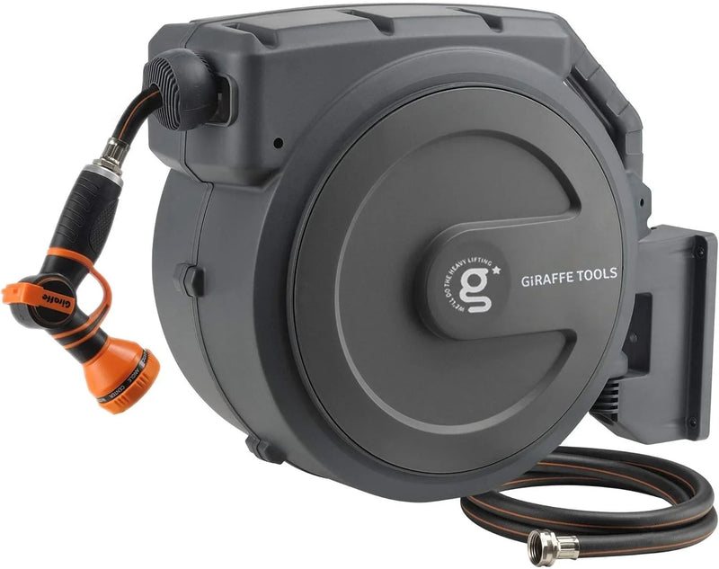 Tool-extendable garden hose reel, inner diameter 1/2 inch, length 155 inches, equipped with 5-foot extension hose, sturdy and durable, lockable at any length, slow retraction system, wall-mounted design, 180-degree rotating bracket P8