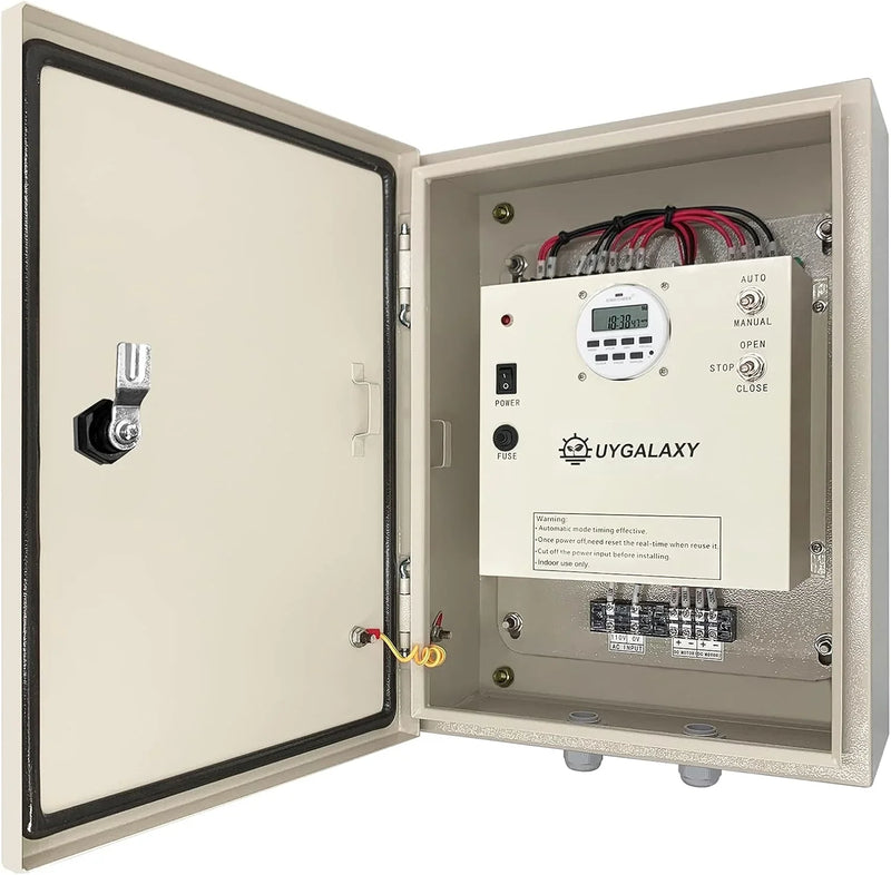 Electrically controlled timer for greenhouse roller shutters (for ventilation) uses an AC 110V to DC 24V transformer for timing control, enabling the opening or closing of the side top curtains of the greenhouse薄膜. G8
