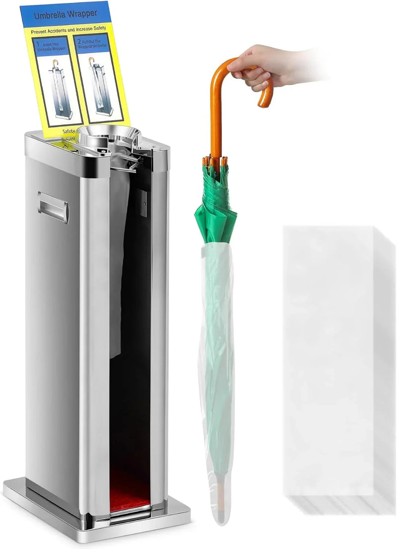 Automatic wet umbrella packaging machine, stainless steel single-slot umbrella bag distributor bracket, equipped with 1000 long umbrella bags and warning signs, suitable for commercial shopping centers, hotels, in silver color. S1