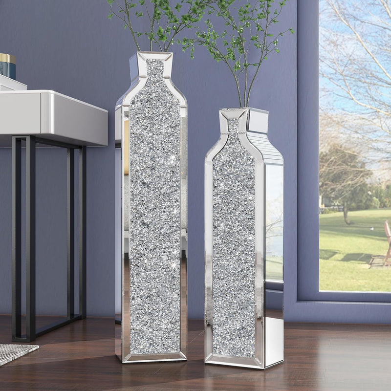 Floor vase crushing diamond reflective vase - Silver floor-style vase set (2-piece) - 24-inch and 30-inch large crystal goblet vases, suitable for living rooms, dining rooms, bedrooms, home corners, corridors, indoor offices and floors. Y8