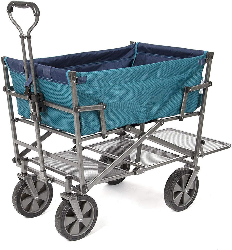 A foldable double-layer outdoor multi-functional truck, equipped with a long lower shelf, in blue-green color. K3