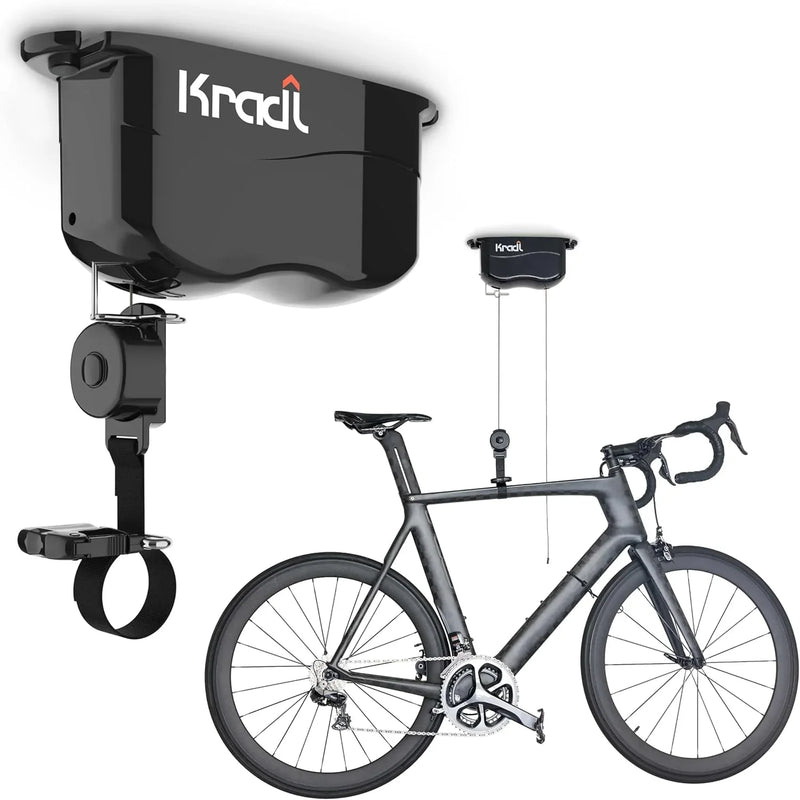 Wall-mounted bicycle lifting frame and storage rack. A bicycle storage and lifting frame that does not require electricity, nor clumsy ropes or pulleys. D6