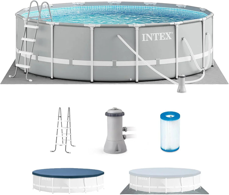 Above Ground Swimming Pool w/ Pump, Cover, & Ladder, 18' x 48", Prism Frame, Gray - Outdoor Round Family Pool w/ Filter, 42-Inch Deep Water V0