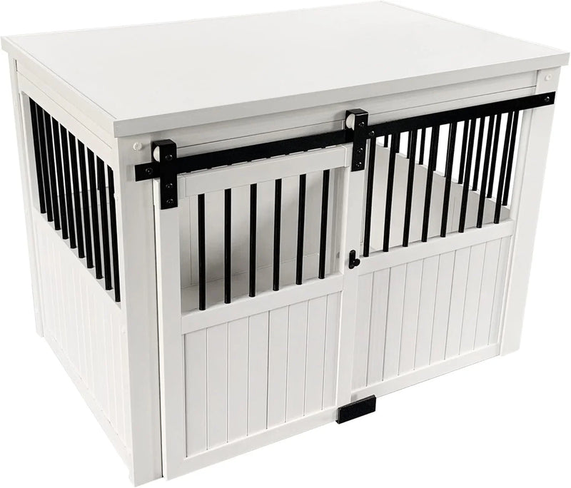 Farm sliding cowshed door furniture-style dog cage - antique white, large size. Unique style, durable and sturdy. Removable seat cushion. Easy to assemble. X0