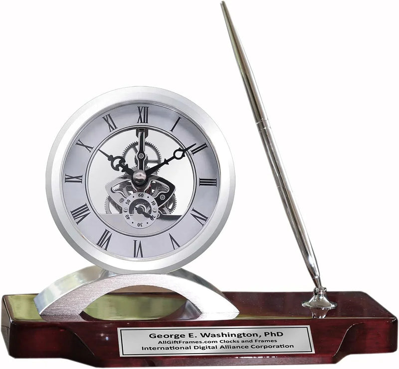 Desk clock, pen set, personalized, unique, silver clock, clear transparent case, gears, da Vinci, timepiece display, metal pen set, wooden desk stand, desk accessories, office, modern home, engraving Y1