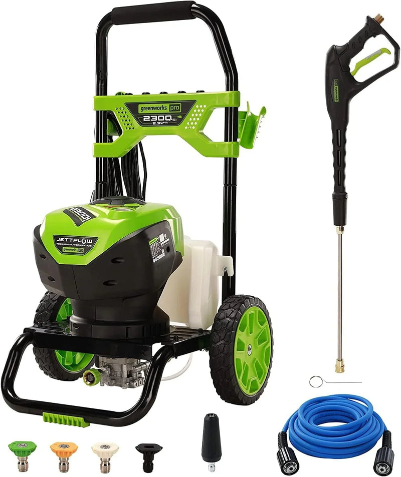 2300 pounds/square inch true brushless electric high-pressure cleaning machine (2.3 gallons/minute), 25 feet hose, quick-connect nozzle, 15°, 24°, 40° soap nozzles and turbine nozzle X4