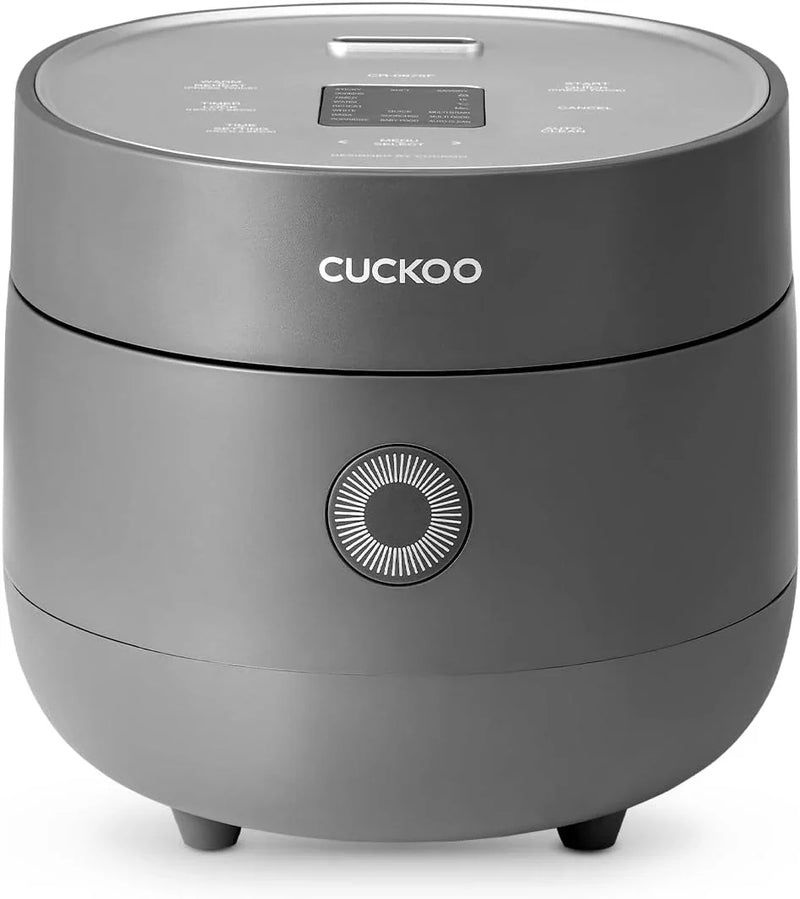 Electric rice cooker with 6-cup capacity (uncooked) / 12-cup capacity (cooked), modern fuzzy logic control, featuring timer function and insulation setting, compact model, multi-functional steamer, non-stick inner liner, gray exterior. D0