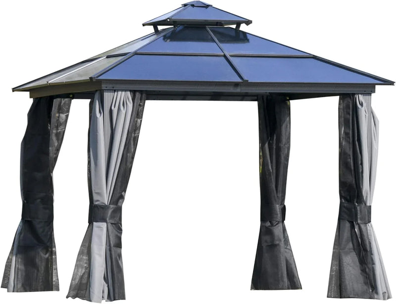 10 feet x 12 feet hard-top awning canopy, polycarbonate roof, aluminum frame, permanent outdoor awning, with net cover, suitable for patios, gardens, backyards, terraces, lawns, grasslands, light gray. E2