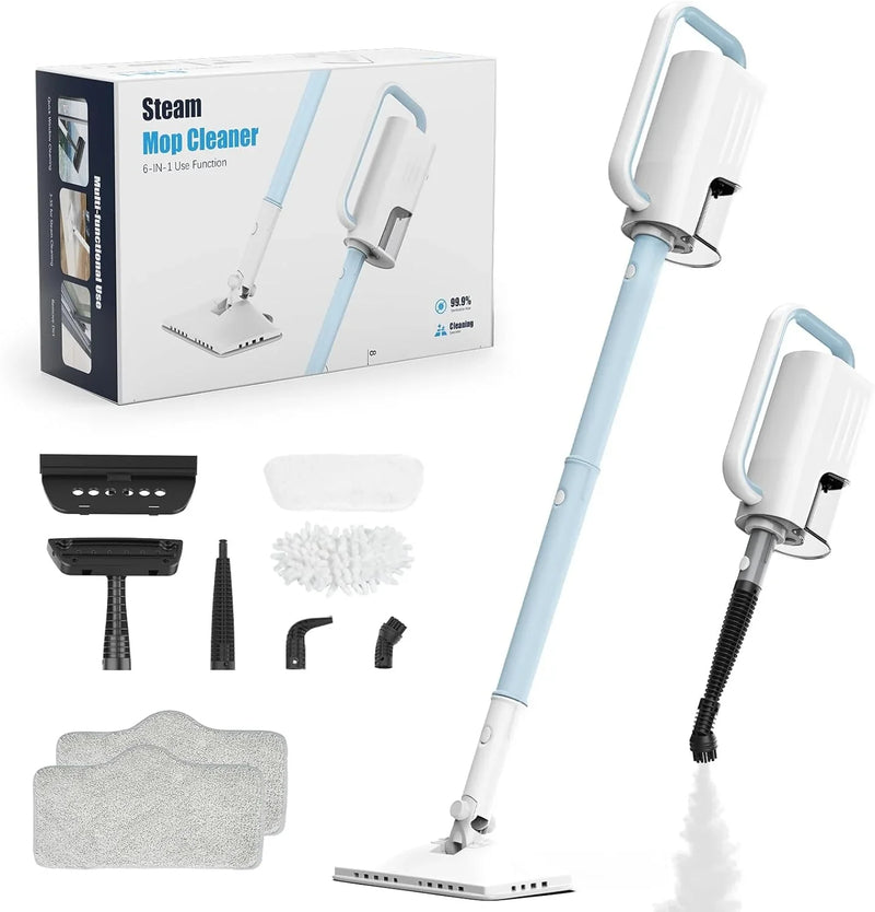 Steam Cleaner, 6 in1 Rotated Steam Mop Cleaner with 2 Modes, 2 Microfiber Pads, 400ML Removable Tank, 23FT Power Cable, Detachable Steam Mops for Floor, Laminate Floor, Tiles Cleaning (Light Blue) V4