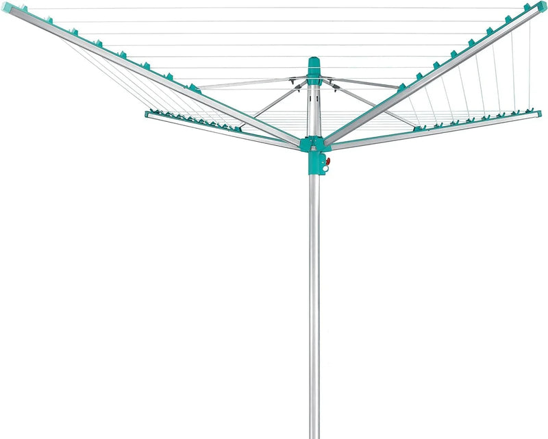 Simple drying machine, extendable by 50 meters to maintain cleanliness, made of fully rust-free aluminum material, with a shaft diameter of 3.28 meters and a maximum length of 2.03 meters. It has a pull-out rotating clothes drying rack, emerald green K3