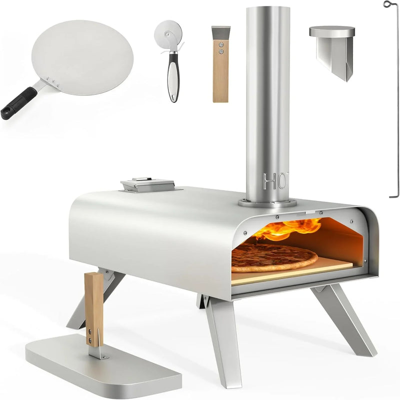 Wood-fired outdoor pizza oven, 12-inch portable pellet pizza oven, equipped with pizza tongs and pizza cutter, stainless steel silver pizza maker suitable for outdoor kitchen cooking E8