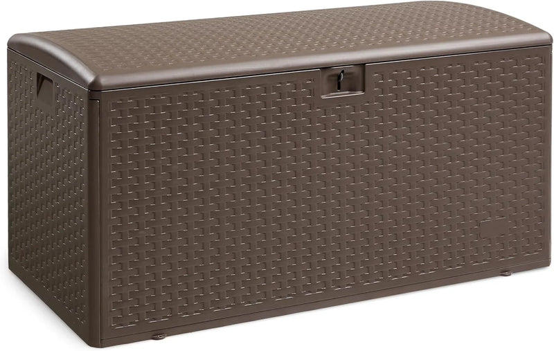 Outdoor patio storage box - 150 gallons. Loft box, waterproof and highly resistant to weather, suitable for furniture cushions and gardening tools, brown color scheme. B4