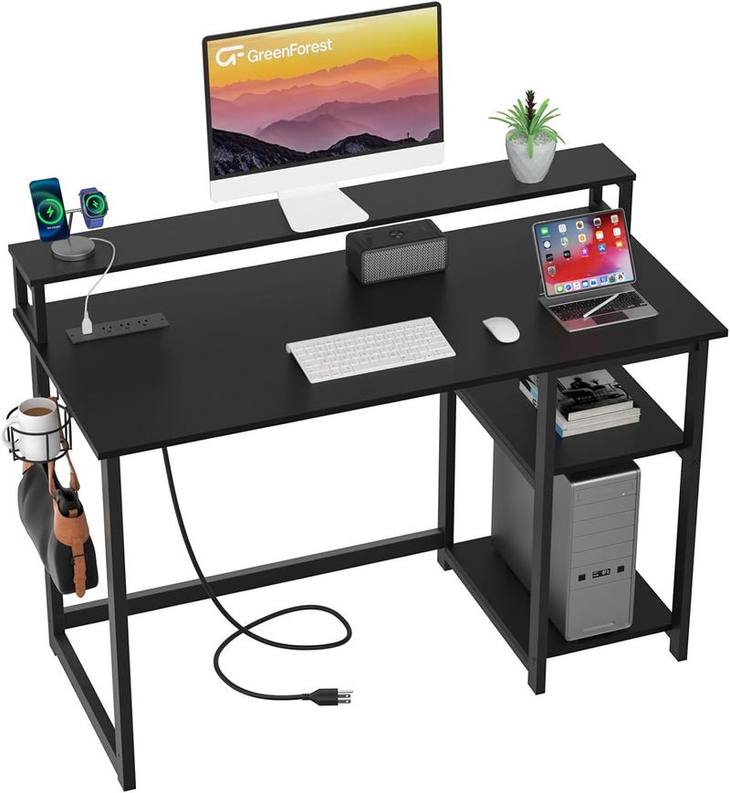 47 inch Computer Desk with Power Outlets, Small Home Office Desk with Ergonomic Monitor Stand, Reversible Gaming Desk, Modern Study Desk, Laptop Desk, White O0