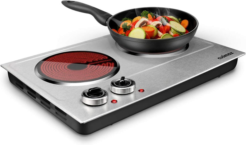 Hot Plate,1800W Ceramic Electric Hot Plate for Cooking, Dual Control Infrared Cooktop, Portable Countertop Burner, Glass Plate Electric Cooktop, Silver, Stainless Steel J2