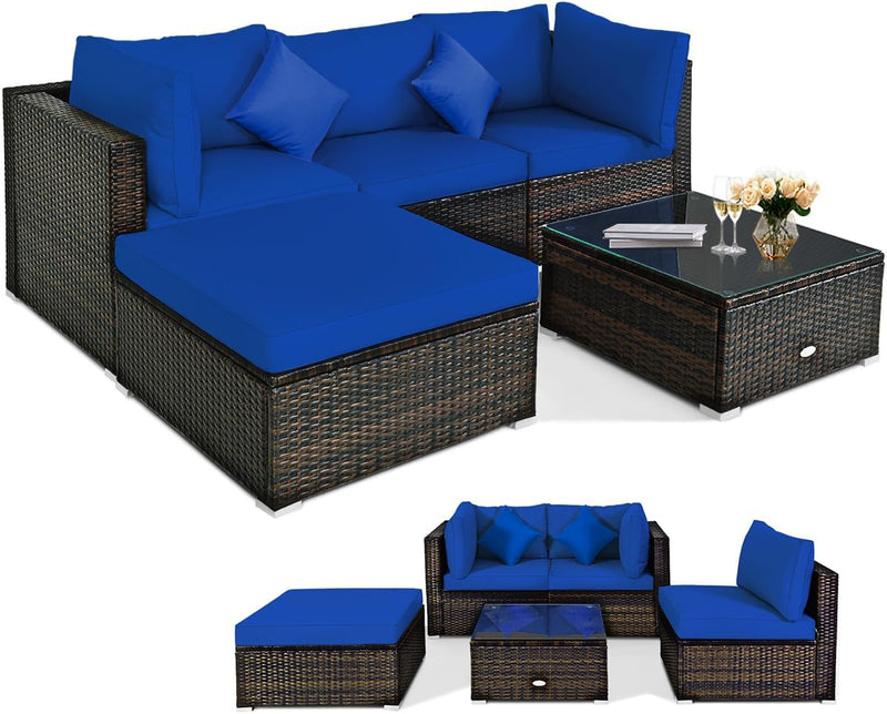 5 pieces of outdoor patio furniture, L-shaped rattan three-seater sofa with tempered glass coffee table, footstool, 3 single chairs, rattan outdoor party set, suitable for backyard, porch, balcony, black version L3